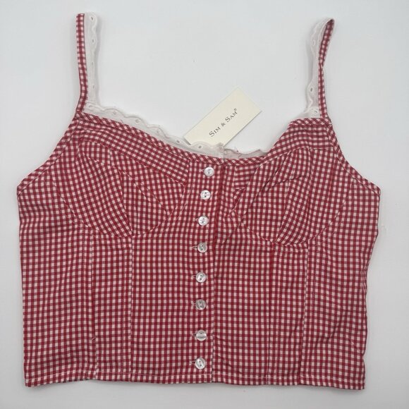 Sim And Sam Tops - NWT Sim & Sam Corset Crop Top Size Large Women’s Red White Gingham Smocked
